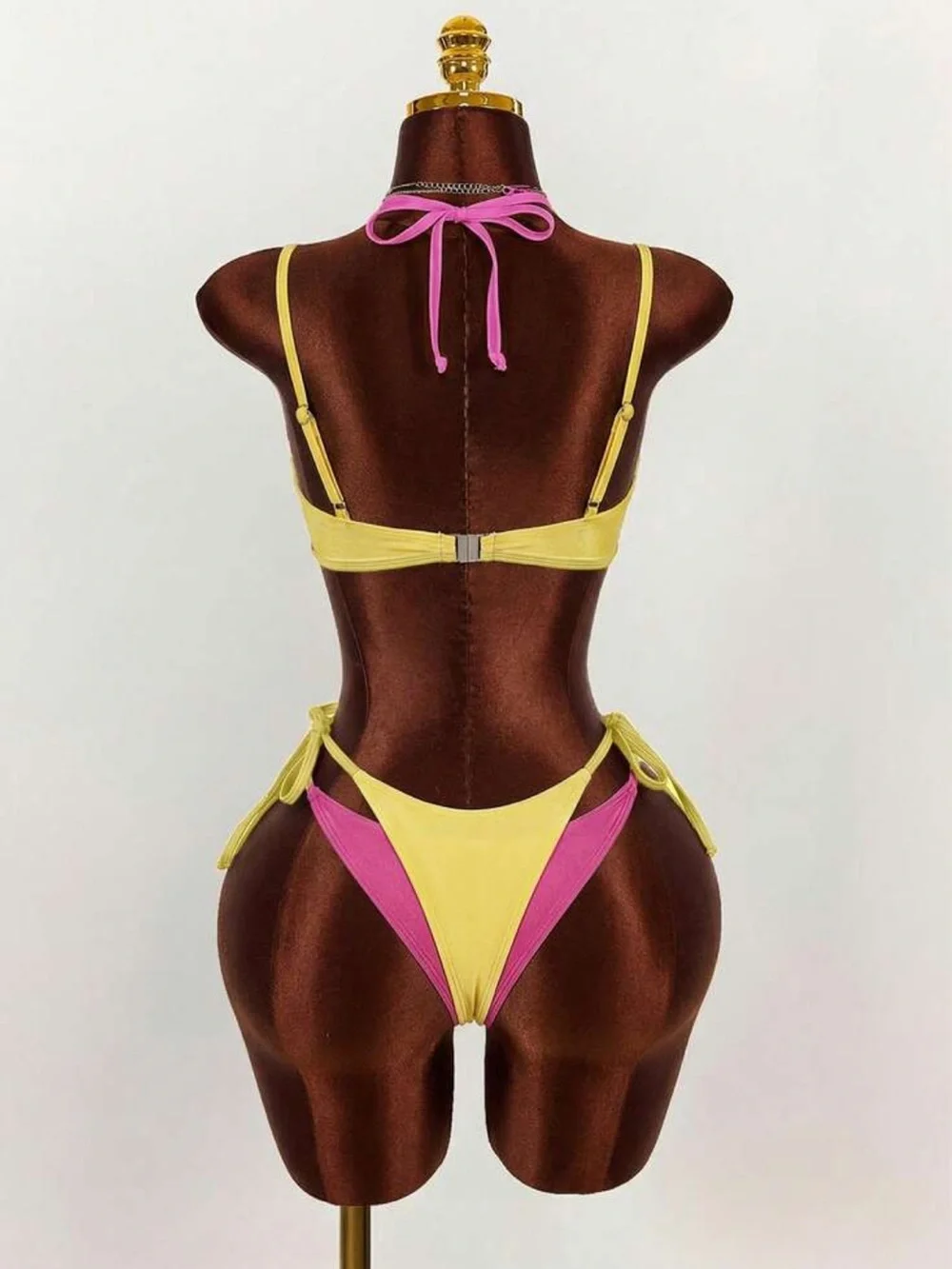 SHEIN Yellow & Pink Two-Tone Tie-Side Bikini Set